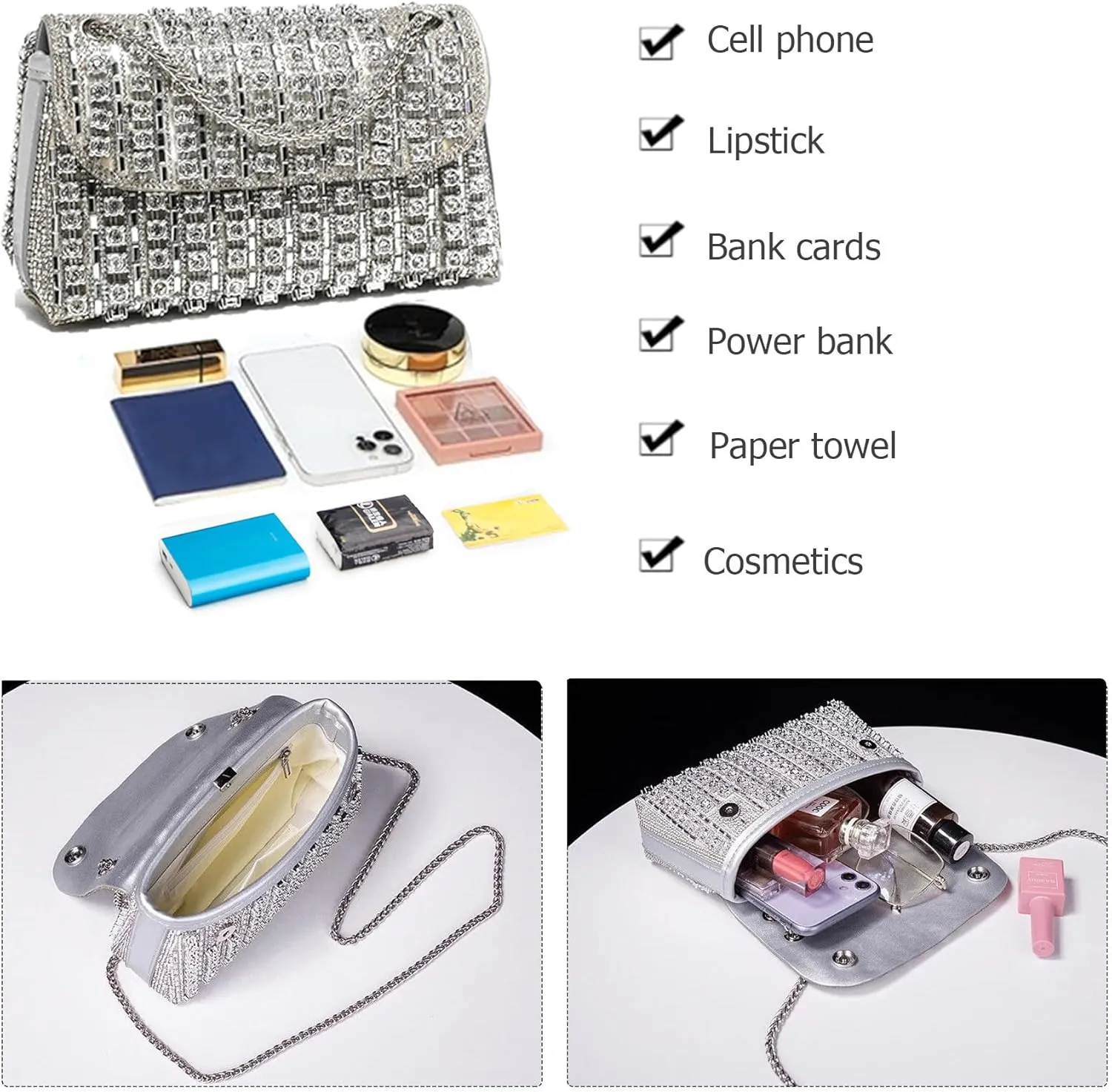 Rhinestones Clutch Purses for Women Chain Shoulder Bags Sparkly Evening Bags for Cocktail Prom Party Wedding