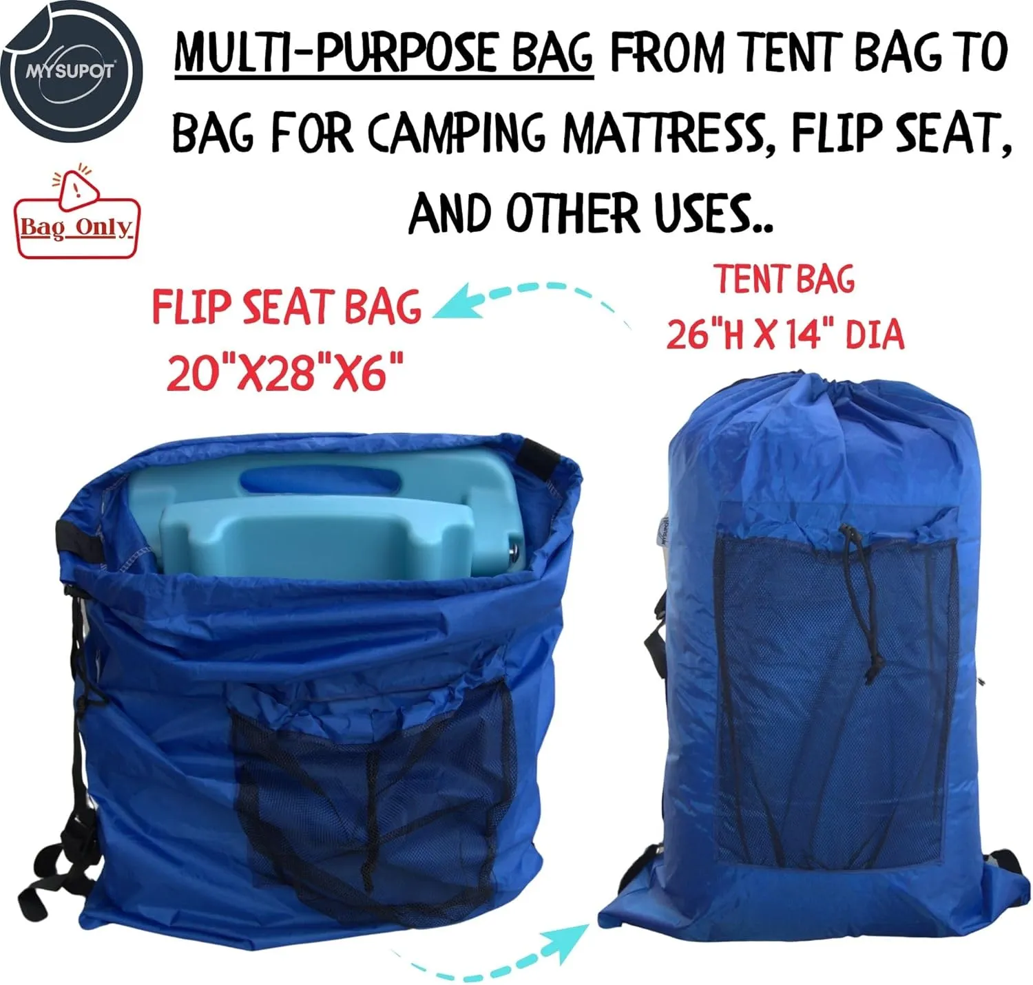 ROYAL BLUE (26" H x 14" Dia.) Tent Replacement Bag, Tent Bag. Also, for Flip Seat, Bleacher Seat, Booster Seat, Stroller, Laundry, & Camping. 420D Polyester w/Adjustable Straps & Mesh Pocket.