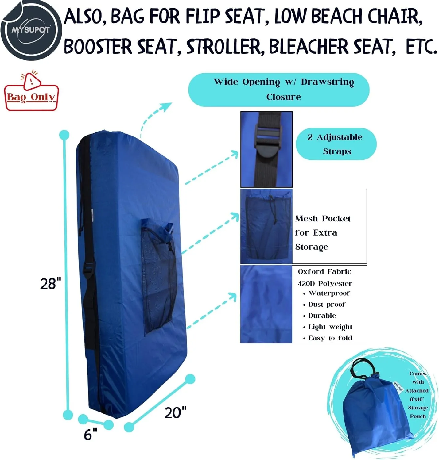 ROYAL BLUE (26" H x 14" Dia.) Tent Replacement Bag, Tent Bag. Also, for Flip Seat, Bleacher Seat, Booster Seat, Stroller, Laundry, & Camping. 420D Polyester w/Adjustable Straps & Mesh Pocket.