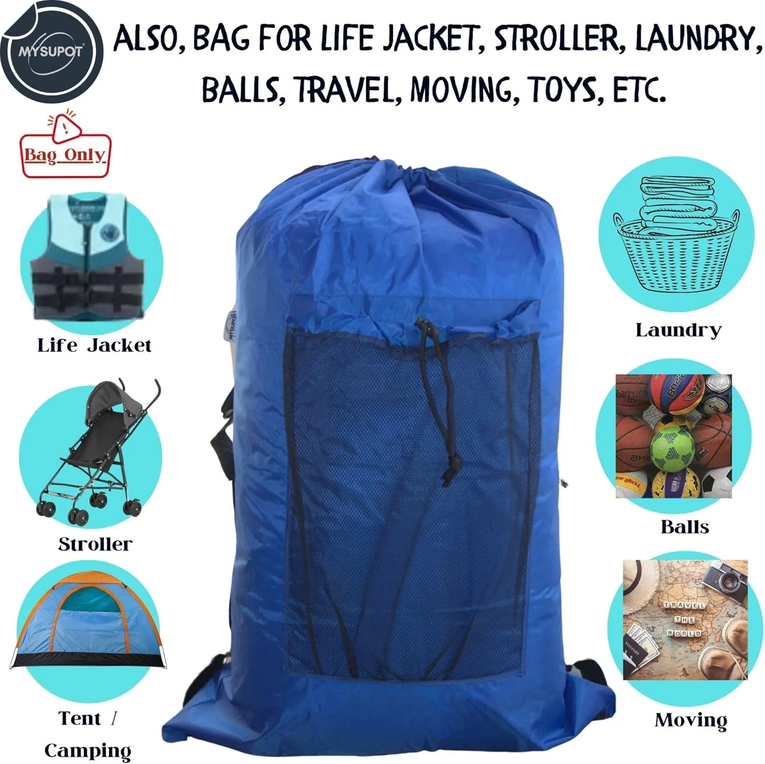 ROYAL BLUE (26" H x 14" Dia.) Tent Replacement Bag, Tent Bag. Also, for Flip Seat, Bleacher Seat, Booster Seat, Stroller, Laundry, & Camping. 420D Polyester w/Adjustable Straps & Mesh Pocket.
