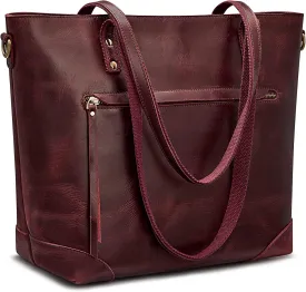 S-ZONE Vintage Genuine Leather Shoulder Bag Work Totes for Women Purse Handbag with Back Zipper Pocket Large
