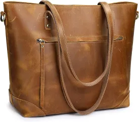 S-ZONE Vintage Genuine Leather Shoulder Bag Work Totes for Women Purse Handbag with Back Zipper Pocket Large