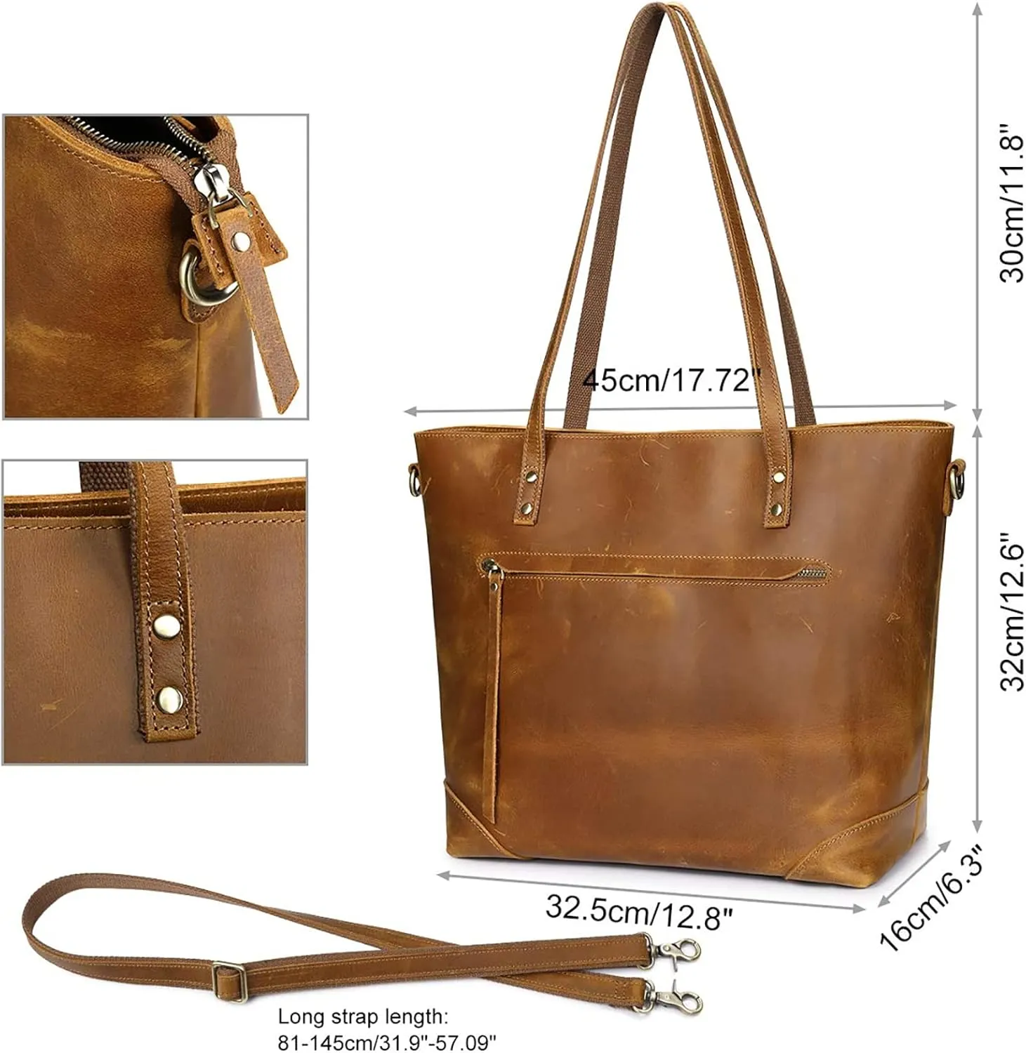 S-ZONE Vintage Genuine Leather Shoulder Bag Work Totes for Women Purse Handbag with Back Zipper Pocket Large