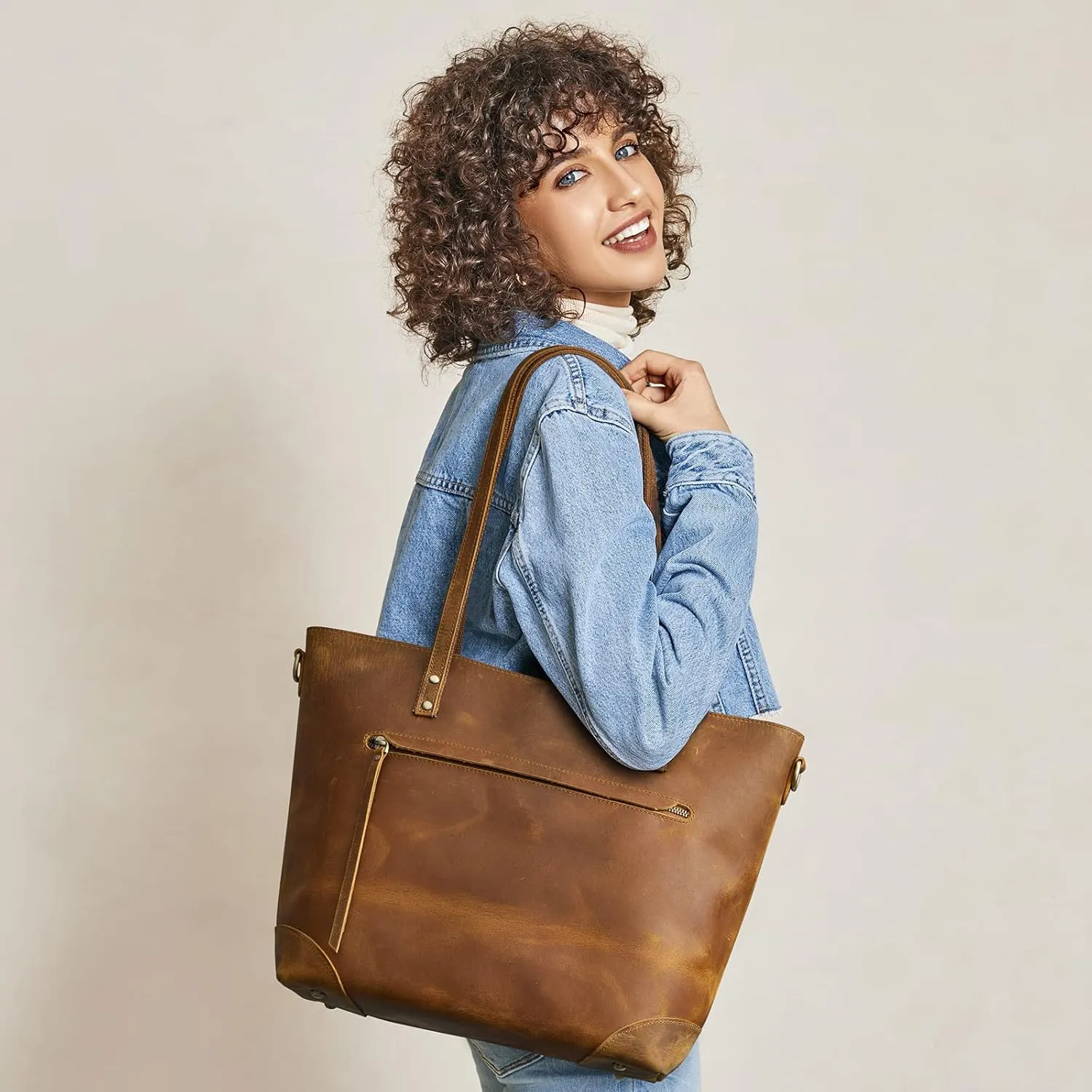 S-ZONE Vintage Genuine Leather Shoulder Bag Work Totes for Women Purse Handbag with Back Zipper Pocket Large