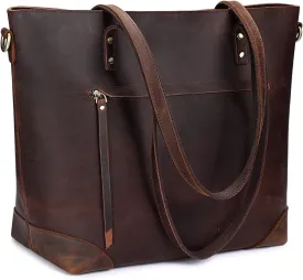 S-ZONE Vintage Genuine Leather Shoulder Bag Work Totes for Women Purse Handbag with Back Zipper Pocket Large
