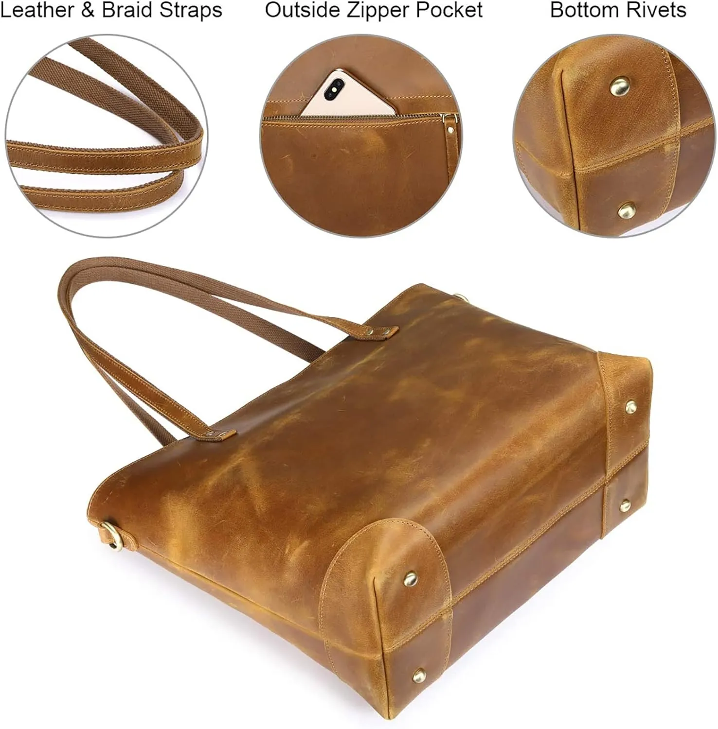 S-ZONE Vintage Genuine Leather Shoulder Bag Work Totes for Women Purse Handbag with Back Zipper Pocket Large