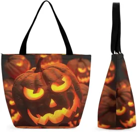 Scary Pumpkin Lantern Shopping Bag for Ladies Reusable Shopping Bagstote Bag Stylish Waterproof Oxford Cloth Ladies Shoulder Bag for Work Shopping