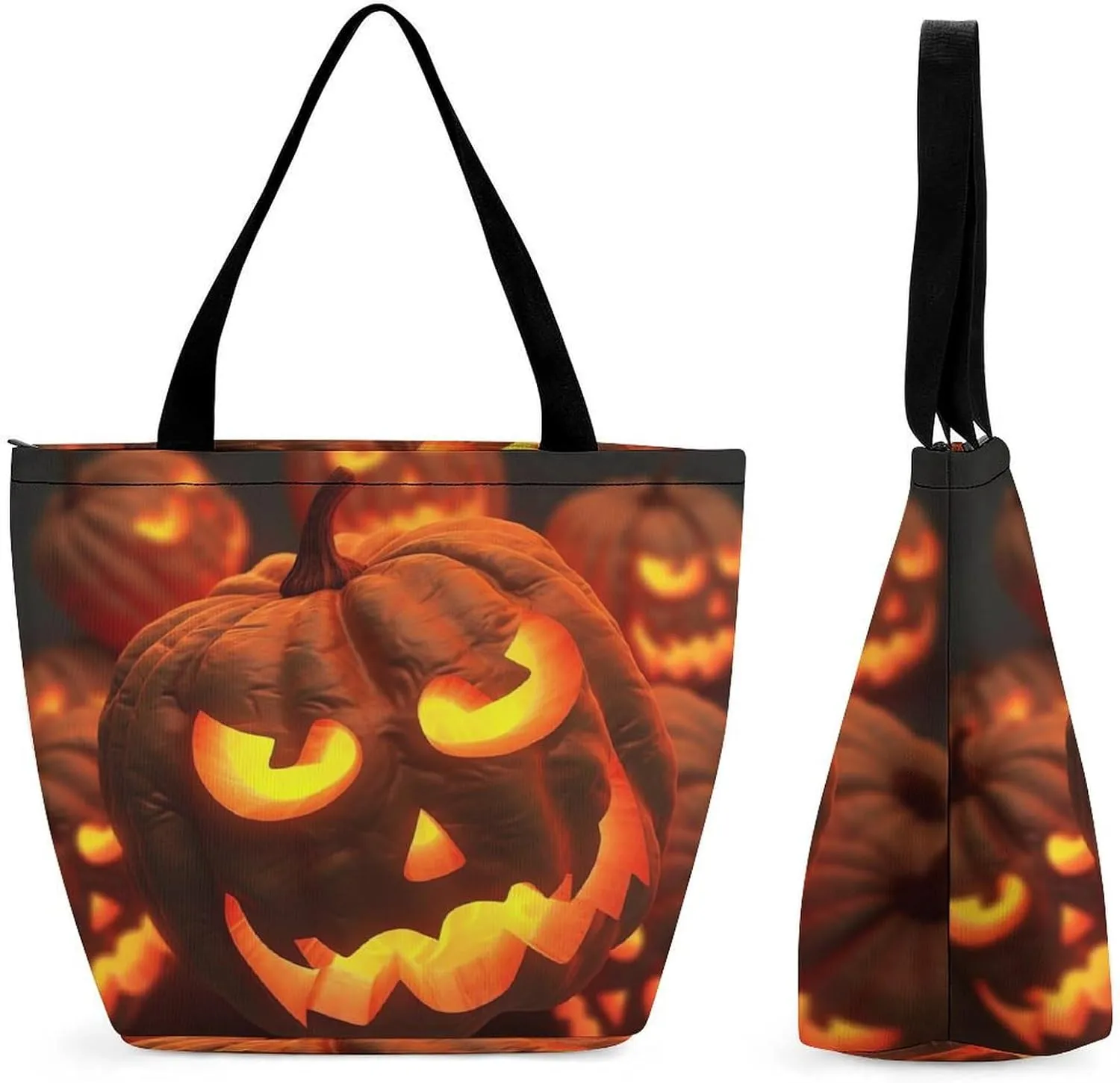 Scary Pumpkin Lantern Shopping Bag for Ladies Reusable Shopping Bagstote Bag Stylish Waterproof Oxford Cloth Ladies Shoulder Bag for Work Shopping