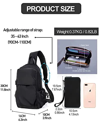 SEAFEW Black Small Sling Crossbody Backpack Shoulder Bag for Men Women wiht Wallet,, Lightweight One Strap Backpack Sling Anti-Theft Chest Bag Backpack for Hiking Walking Biking Travel Cycling