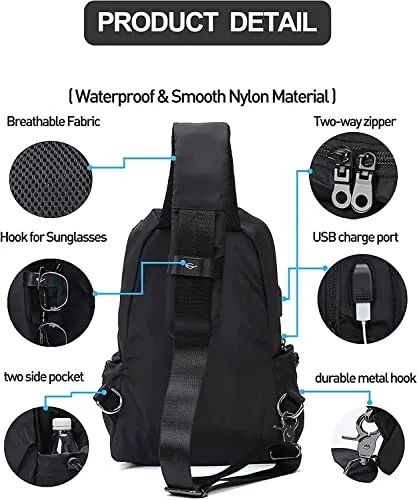 SEAFEW Black Small Sling Crossbody Backpack Shoulder Bag for Men Women wiht Wallet,, Lightweight One Strap Backpack Sling Anti-Theft Chest Bag Backpack for Hiking Walking Biking Travel Cycling