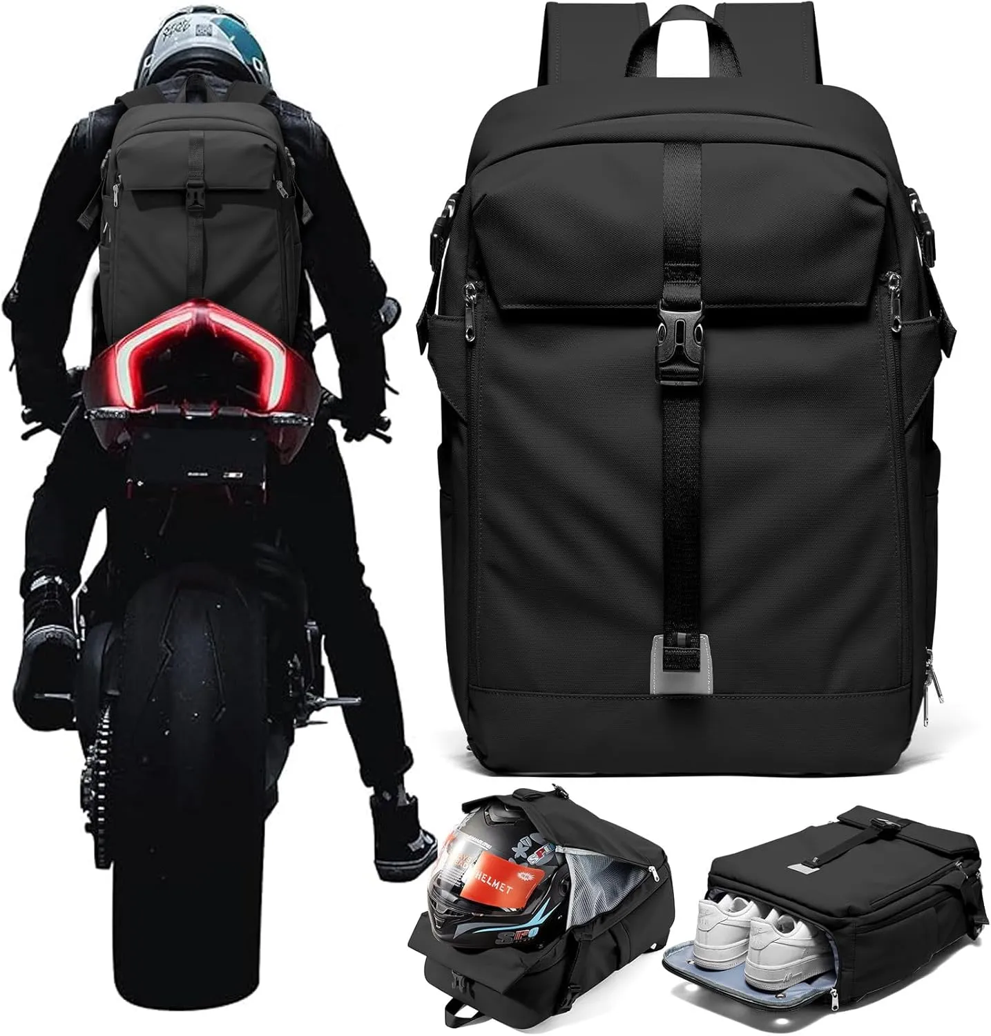 SEAFEW Helmet Backpack for Motorcycle Riders, Waterproof Large Capacity Backpack with Holder, Helmet Bag Storage Hiking Cycling Motorcycle Backpacks for Men Black