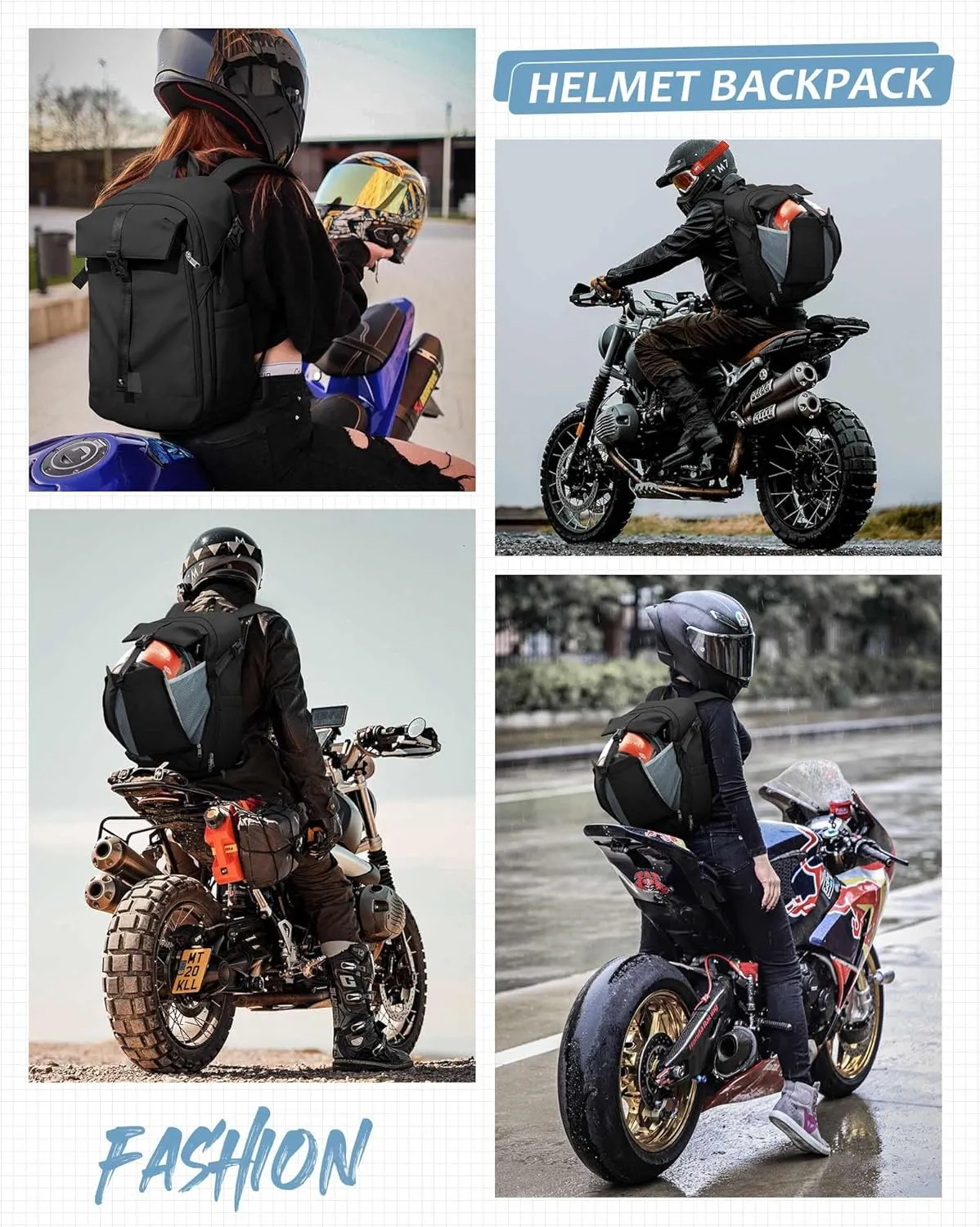 SEAFEW Helmet Backpack for Motorcycle Riders, Waterproof Large Capacity Backpack with Holder, Helmet Bag Storage Hiking Cycling Motorcycle Backpacks for Men Black