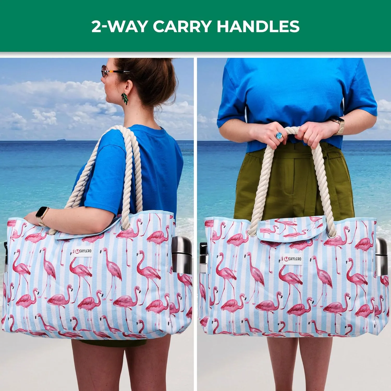 SHYLERO Beach Bag and Pool Bag Has Airtight Pouch, Magnetic Snap Closure. Beach Tote is Water Resistant. Family Size