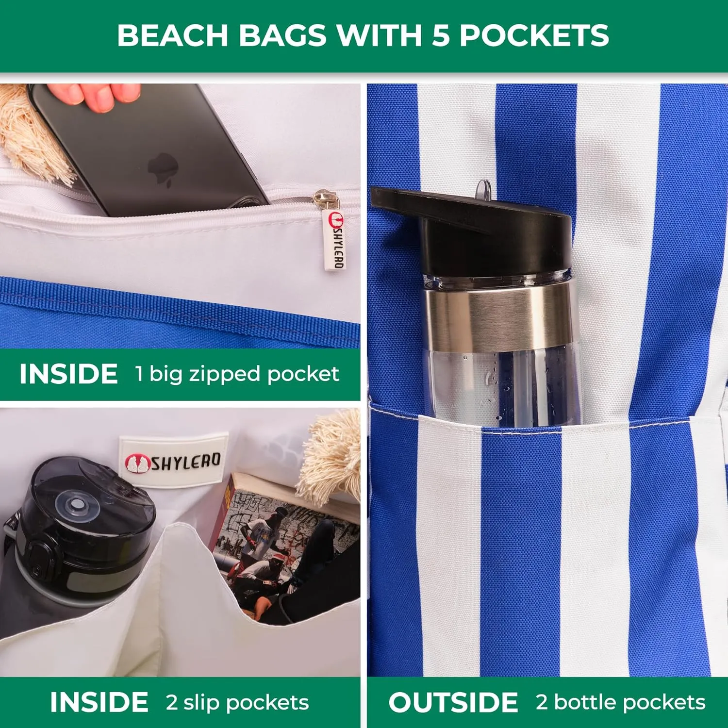 SHYLERO Beach Bag and Pool Bag Has Airtight Pouch, Magnetic Snap Closure. Beach Tote is Water Resistant. Family Size