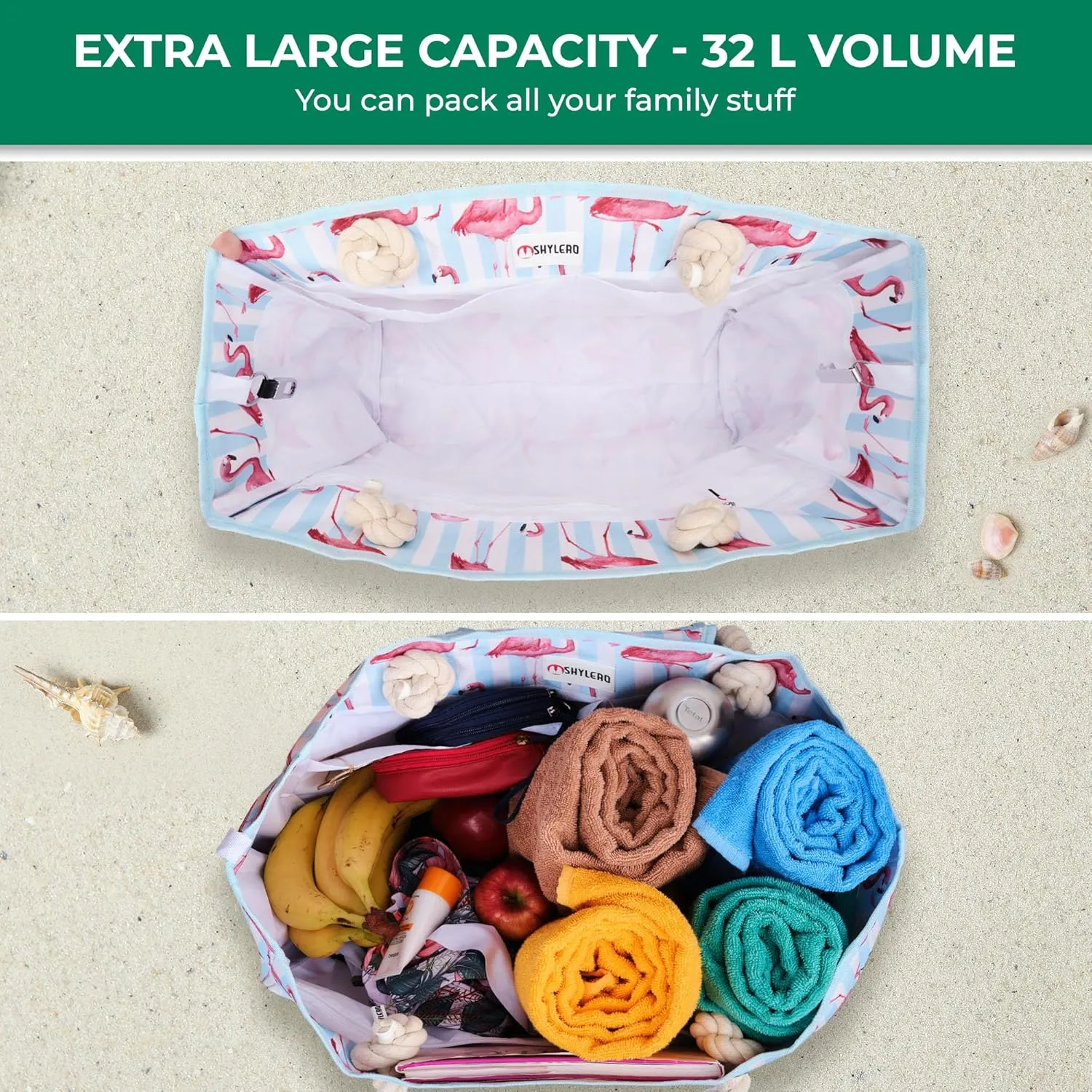 SHYLERO Beach Bag and Pool Bag Has Airtight Pouch, Magnetic Snap Closure. Beach Tote is Water Resistant. Family Size
