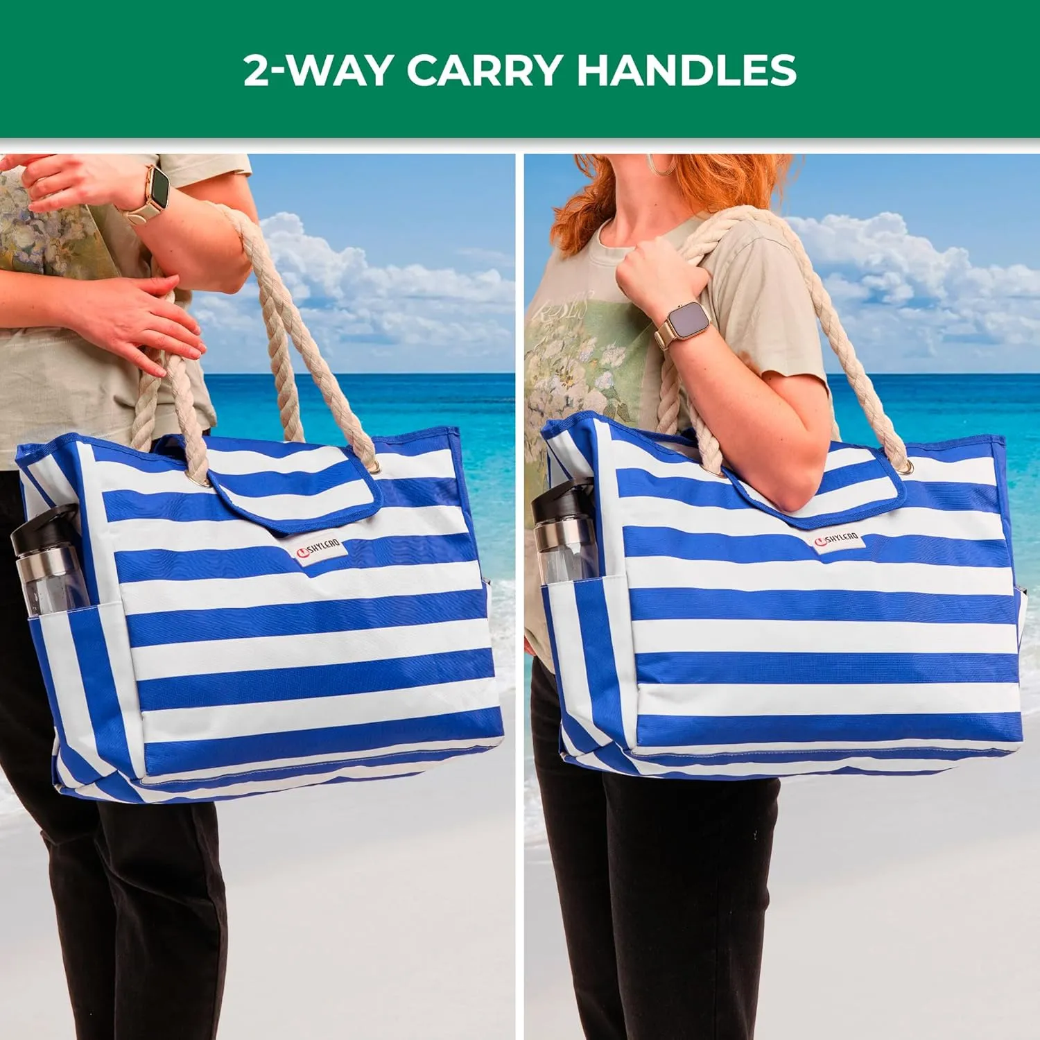 SHYLERO Beach Bag and Pool Bag Has Airtight Pouch, Magnetic Snap Closure. Beach Tote is Water Resistant. Family Size