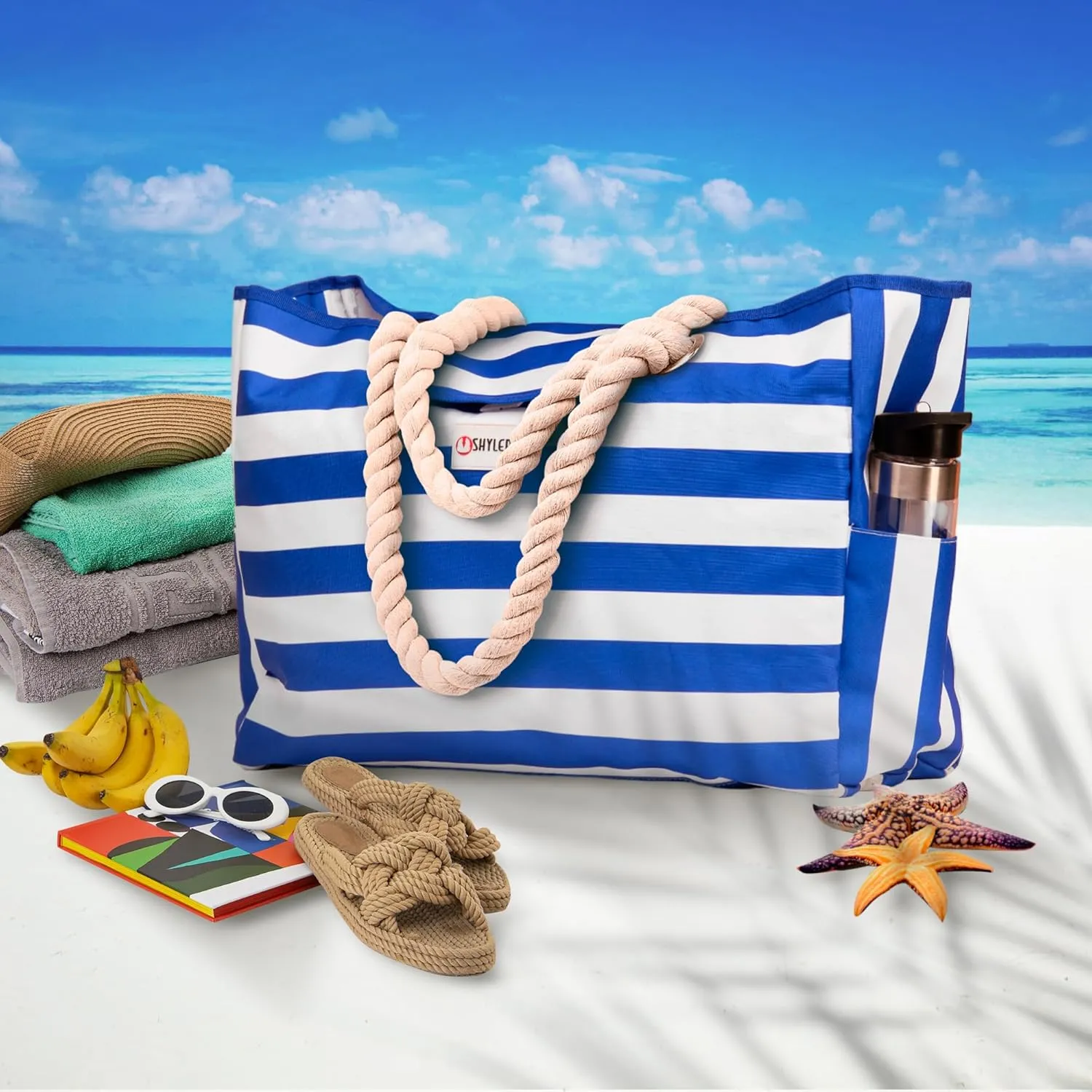 SHYLERO Beach Bag and Pool Bag Has Airtight Pouch, Magnetic Snap Closure. Beach Tote is Water Resistant. Family Size