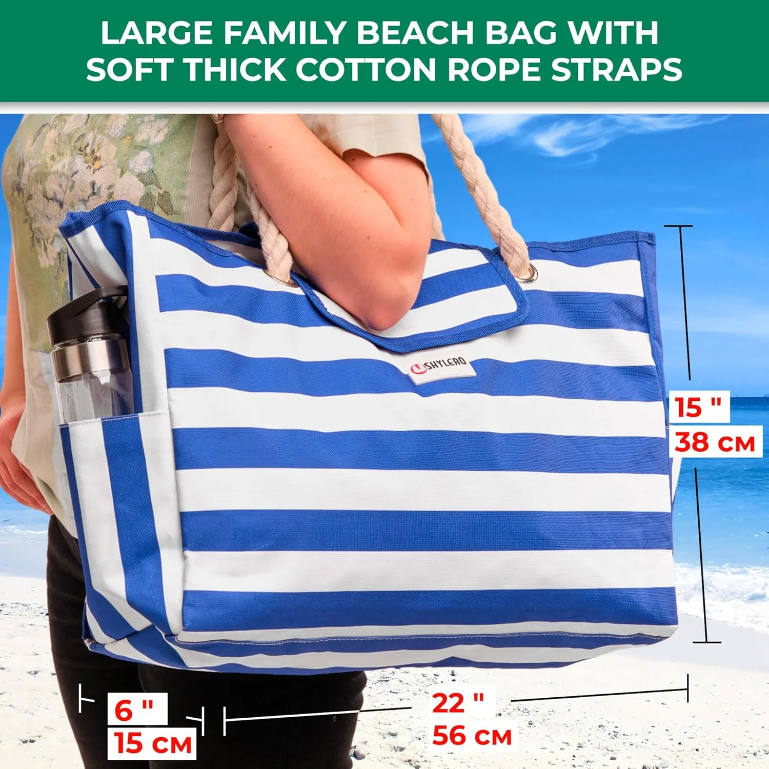 SHYLERO Beach Bag and Pool Bag Has Airtight Pouch, Magnetic Snap Closure. Beach Tote is Water Resistant. Family Size
