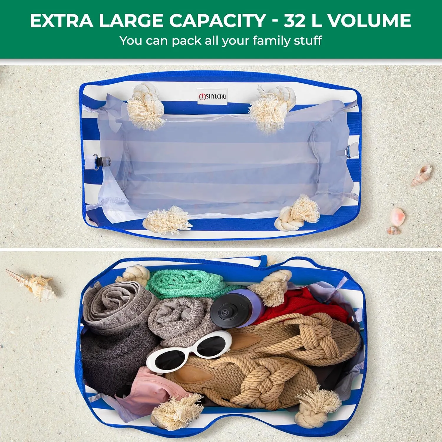 SHYLERO Beach Bag and Pool Bag Has Airtight Pouch, Magnetic Snap Closure. Beach Tote is Water Resistant. Family Size