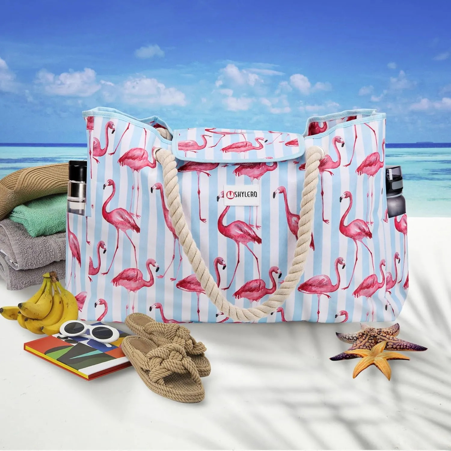 SHYLERO Beach Bag and Pool Bag Has Airtight Pouch, Magnetic Snap Closure. Beach Tote is Water Resistant. Family Size