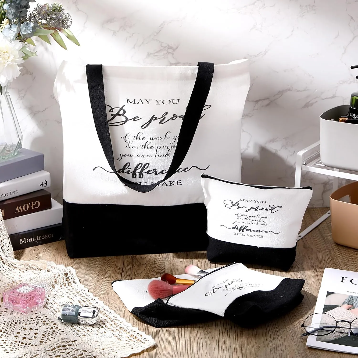 Silkfly 32 Pcs Inspirational Bag Canvas Tote Bag with Zipper Reusable Motivational Make up Bag Set for Women Friend Coworker