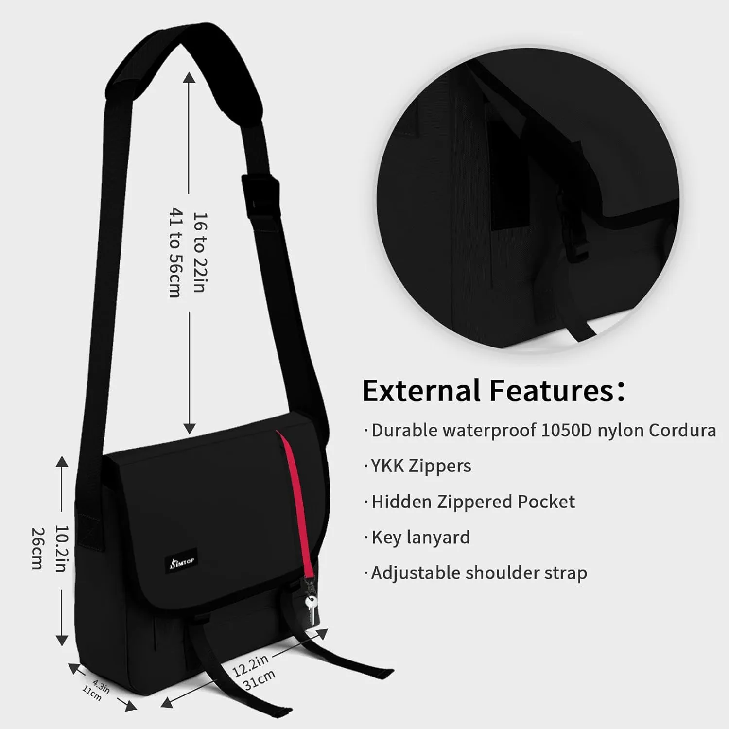 SIMTOP Messenger Bag Crossbody Shoulder Bag for Commuters and Travelers Water Resistant Scratch and Wear Cordura YKK Zipper