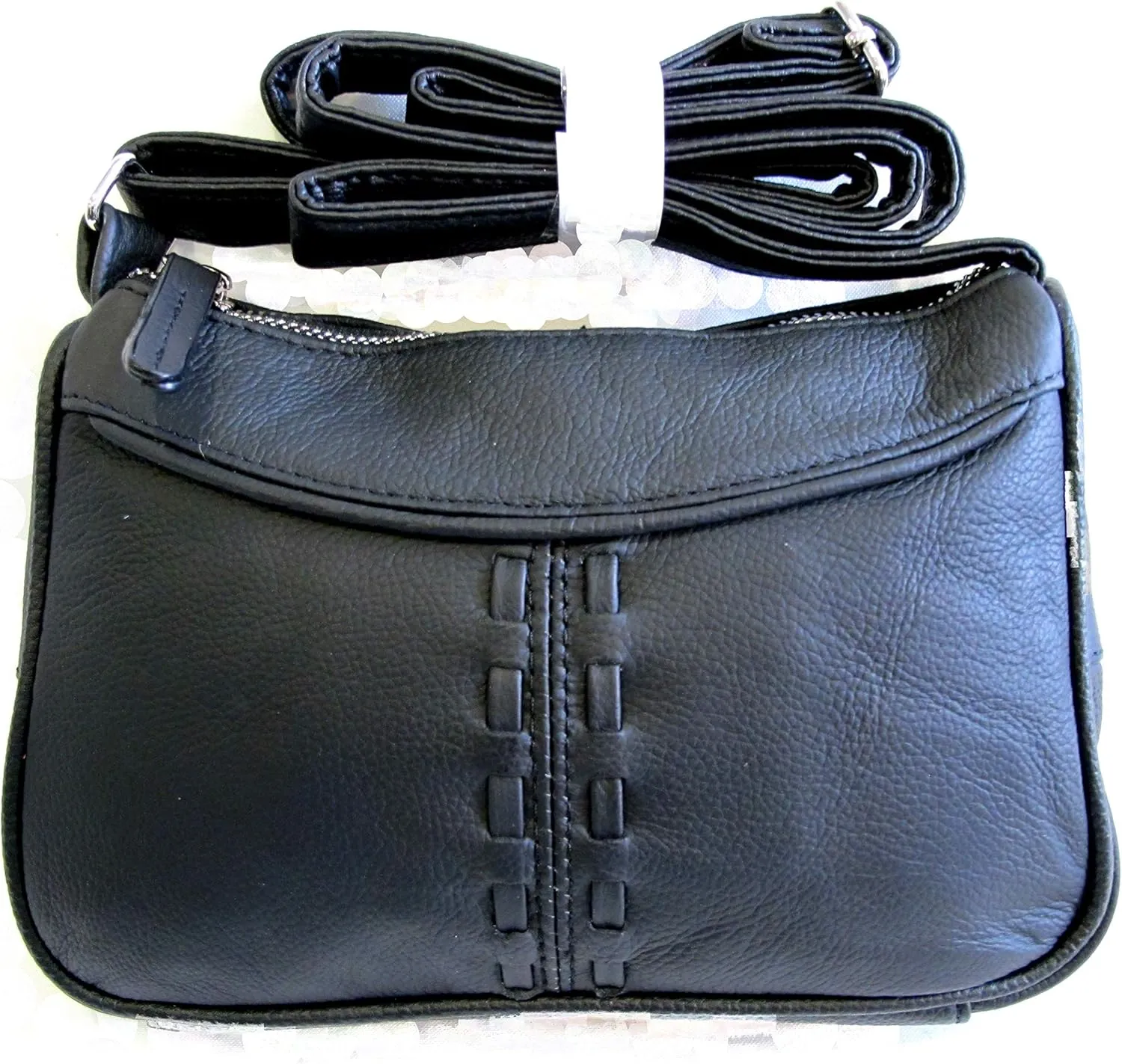 Single Long Strap Genuine Leather Cross Body Casual Day Purse Braid Design -BLACK