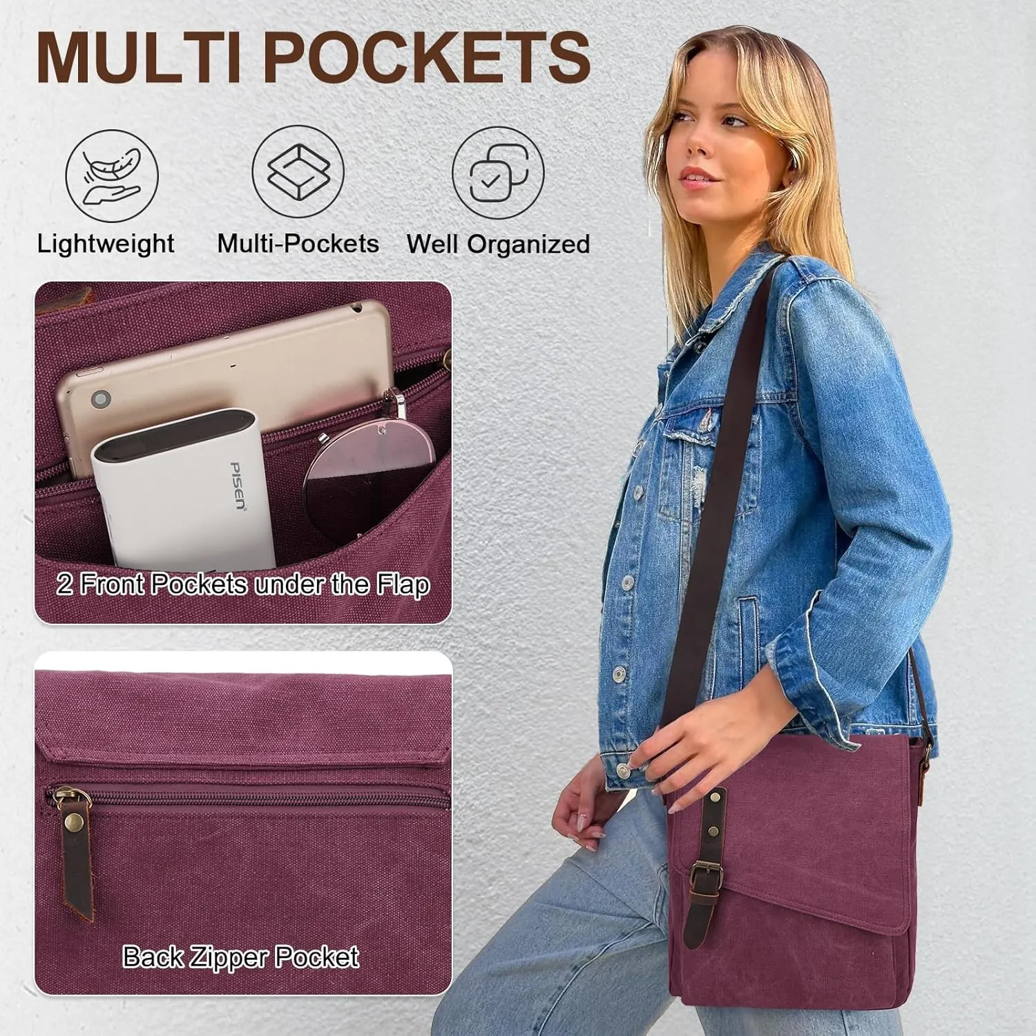 Small Messenger Bag,VONXURY Water Resistant Shoulder Bag Canvas Crossbody Purse for Women Men