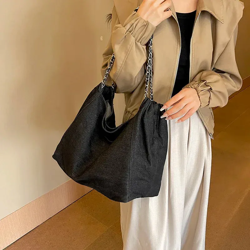 Sohiwoo  Luxury Designer Denim Handbags Chic Style Big Chain Shoulder Tote Bags For Women Fabric Pure Color Large Capacity Shoppers