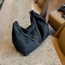 Sohiwoo  Luxury Designer Denim Handbags Chic Style Big Chain Shoulder Tote Bags For Women Fabric Pure Color Large Capacity Shoppers