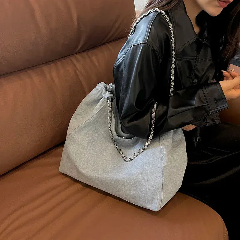 Sohiwoo  Luxury Designer Denim Handbags Chic Style Big Chain Shoulder Tote Bags For Women Fabric Pure Color Large Capacity Shoppers