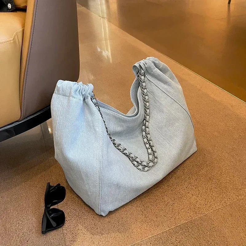 Sohiwoo  Luxury Designer Denim Handbags Chic Style Big Chain Shoulder Tote Bags For Women Fabric Pure Color Large Capacity Shoppers
