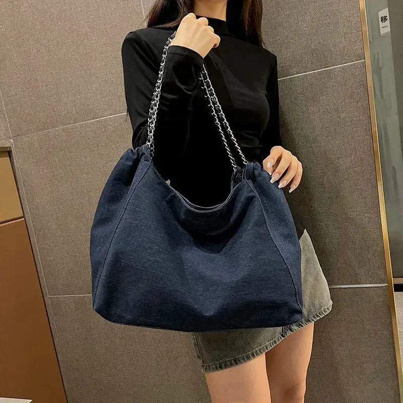 Sohiwoo  Luxury Designer Denim Handbags Chic Style Big Chain Shoulder Tote Bags For Women Fabric Pure Color Large Capacity Shoppers