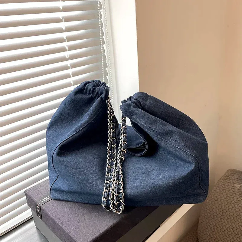 Sohiwoo  Luxury Designer Denim Handbags Chic Style Big Chain Shoulder Tote Bags For Women Fabric Pure Color Large Capacity Shoppers