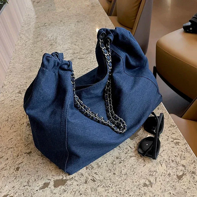 Sohiwoo  Luxury Designer Denim Handbags Chic Style Big Chain Shoulder Tote Bags For Women Fabric Pure Color Large Capacity Shoppers