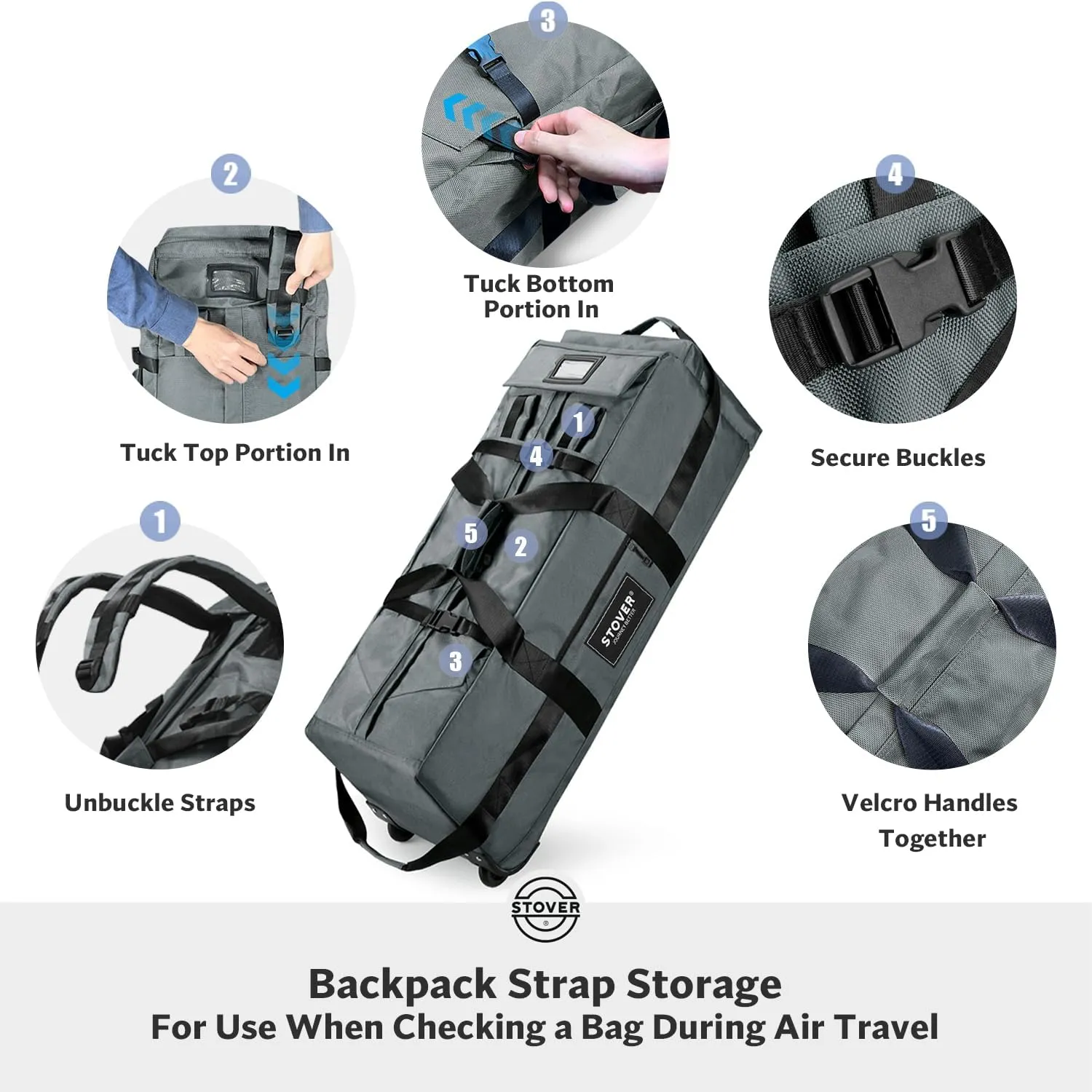 STOVER 80L Rolling Duffel Bag with Wheels, Extra Large 31 Inch Durable Travel Duffle Bag- Rugged, Collapsible, Rollable Design w/Shoulder Straps- Use as Luggage or Backpack for Men/Women (Grey)