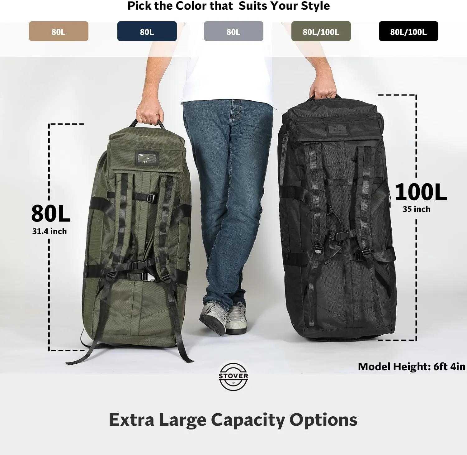 STOVER 80L Rolling Duffel Bag with Wheels, Extra Large 31 Inch Durable Travel Duffle Bag- Rugged, Collapsible, Rollable Design w/Shoulder Straps- Use as Luggage or Backpack for Men/Women (Grey)