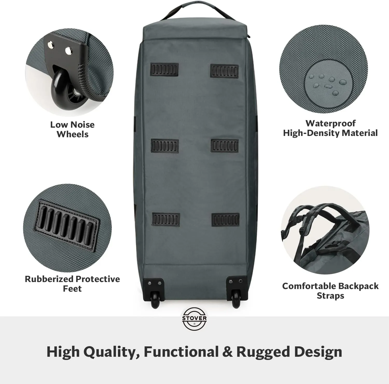 STOVER 80L Rolling Duffel Bag with Wheels, Extra Large 31 Inch Durable Travel Duffle Bag- Rugged, Collapsible, Rollable Design w/Shoulder Straps- Use as Luggage or Backpack for Men/Women (Grey)