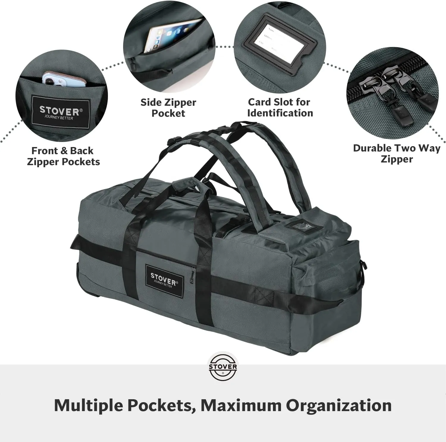 STOVER 80L Rolling Duffel Bag with Wheels, Extra Large 31 Inch Durable Travel Duffle Bag- Rugged, Collapsible, Rollable Design w/Shoulder Straps- Use as Luggage or Backpack for Men/Women (Grey)