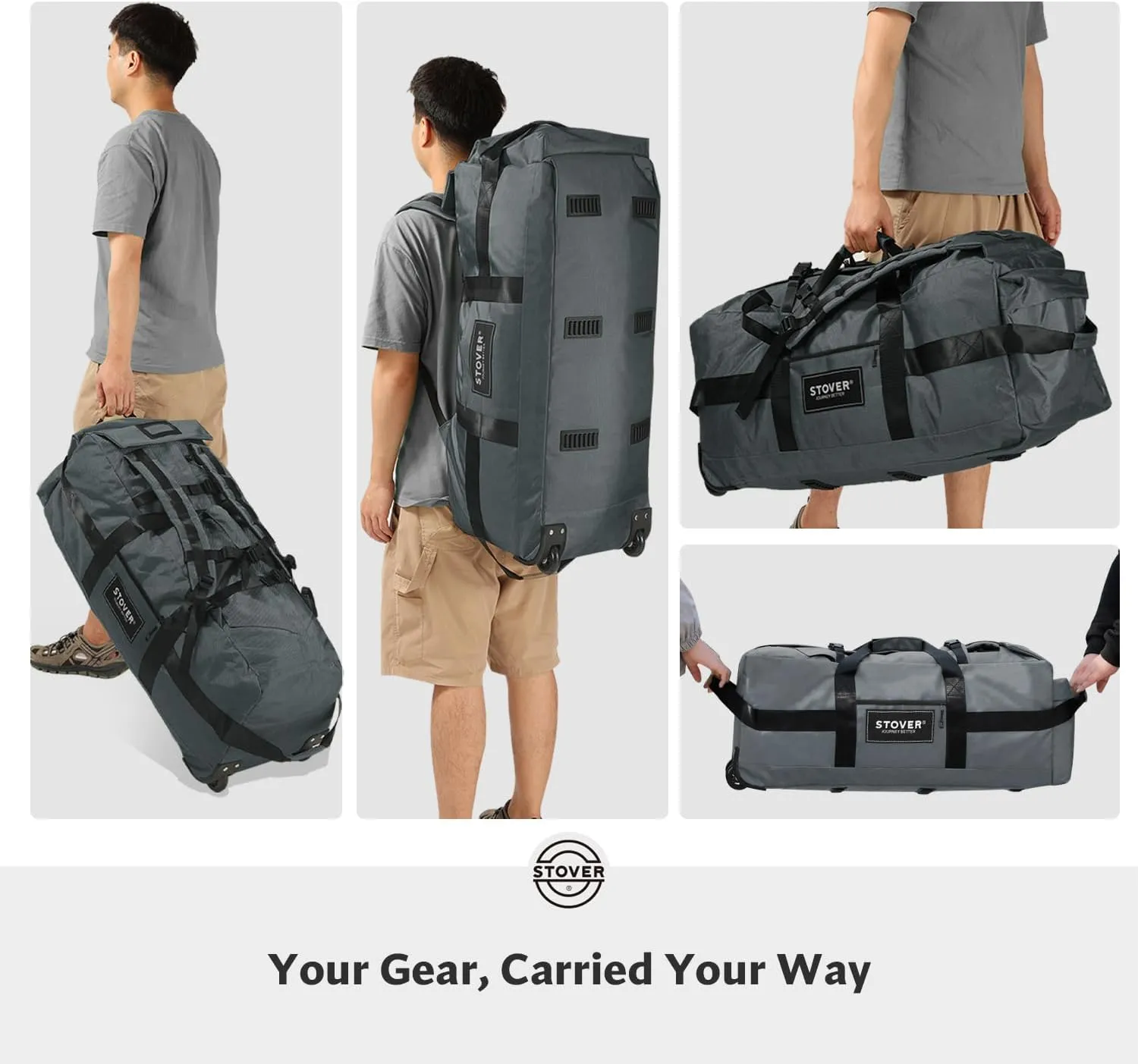 STOVER 80L Rolling Duffel Bag with Wheels, Extra Large 31 Inch Durable Travel Duffle Bag- Rugged, Collapsible, Rollable Design w/Shoulder Straps- Use as Luggage or Backpack for Men/Women (Grey)