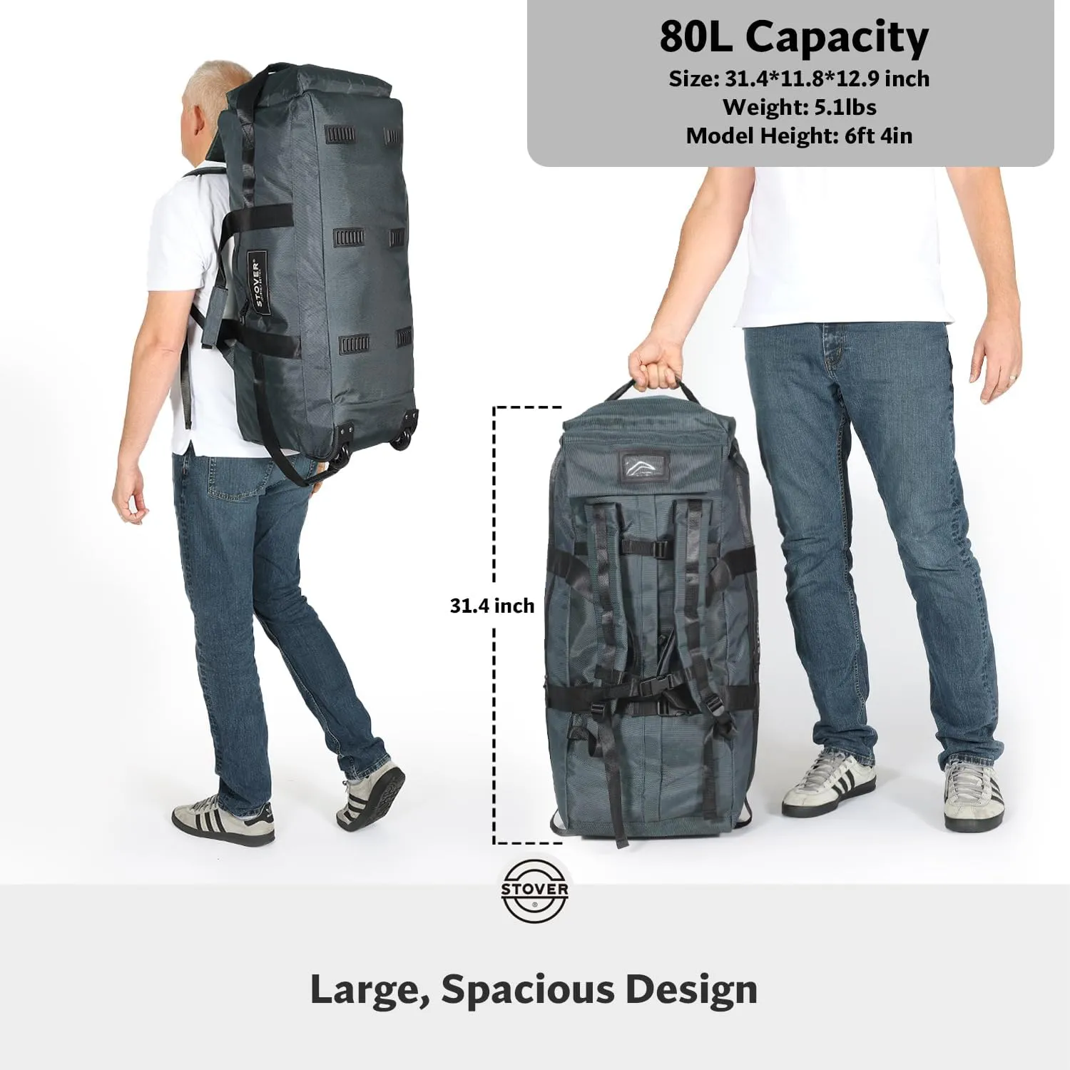STOVER 80L Rolling Duffel Bag with Wheels, Extra Large 31 Inch Durable Travel Duffle Bag- Rugged, Collapsible, Rollable Design w/Shoulder Straps- Use as Luggage or Backpack for Men/Women (Grey)