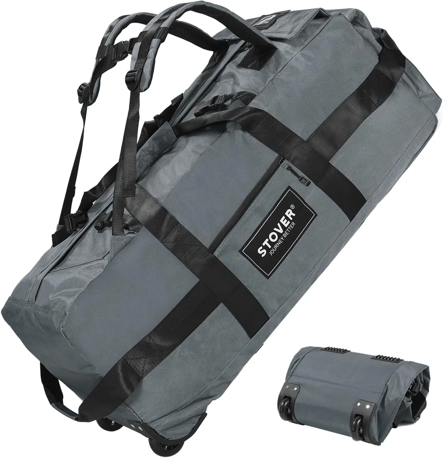 STOVER 80L Rolling Duffel Bag with Wheels, Extra Large 31 Inch Durable Travel Duffle Bag- Rugged, Collapsible, Rollable Design w/Shoulder Straps- Use as Luggage or Backpack for Men/Women (Grey)