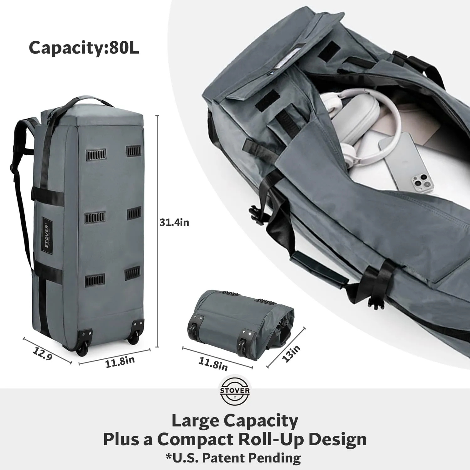 STOVER 80L Rolling Duffel Bag with Wheels, Extra Large 31 Inch Durable Travel Duffle Bag- Rugged, Collapsible, Rollable Design w/Shoulder Straps- Use as Luggage or Backpack for Men/Women (Grey)
