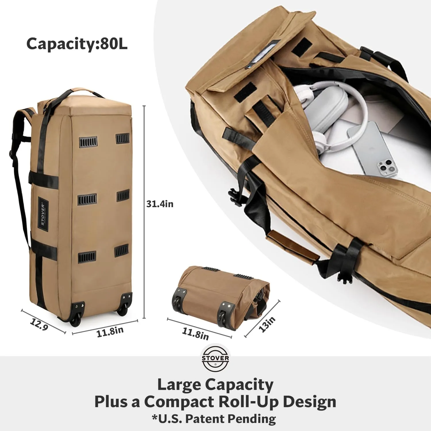 STOVER 80L Rolling Duffel Bag with Wheels, Extra Large 31 Inch Durable Travel Duffle Bag- Rugged, Collapsible, Rollable Design w/Shoulder Straps- Use as Luggage or Backpack for Men/Women (Tan)