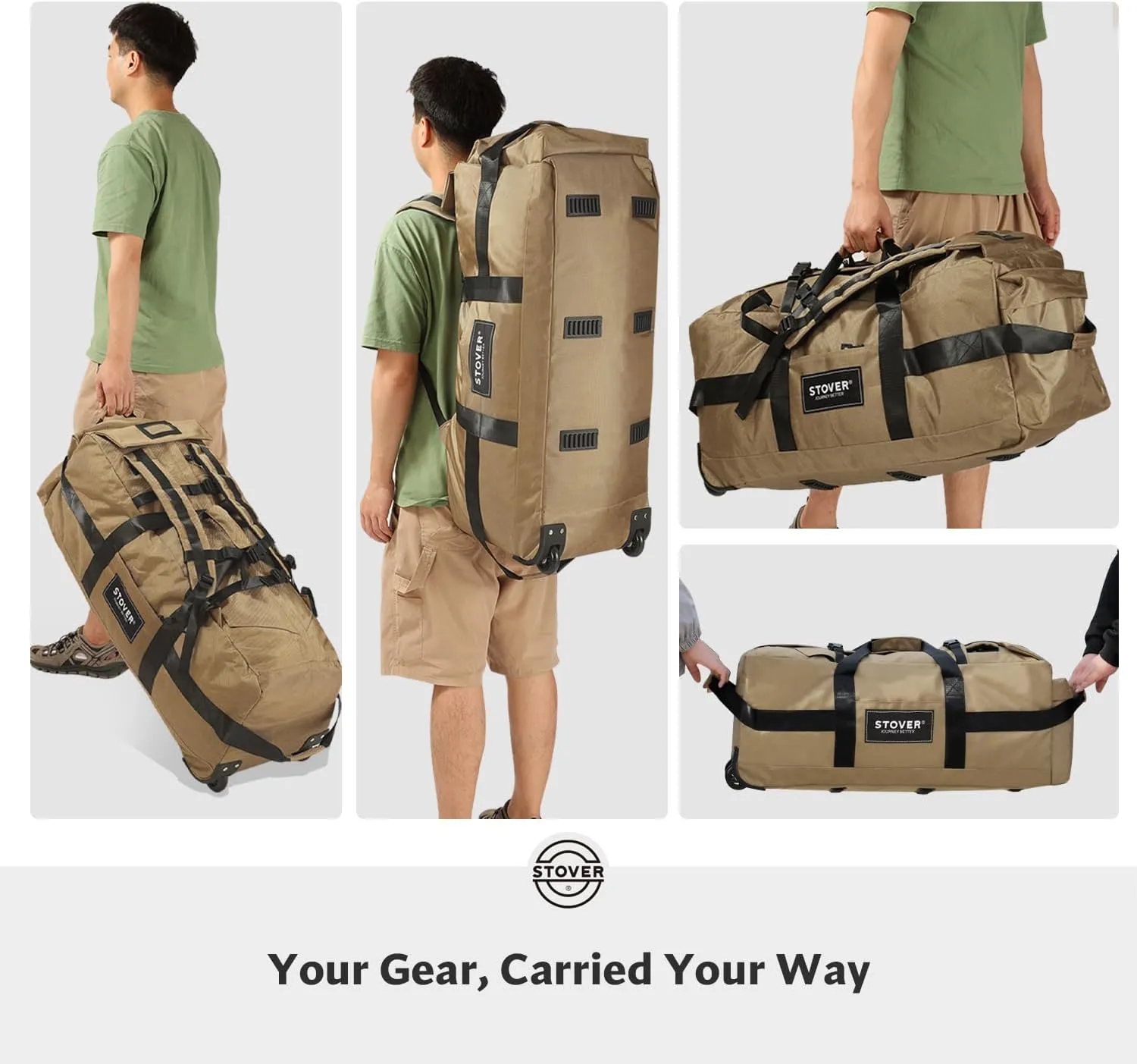 STOVER 80L Rolling Duffel Bag with Wheels, Extra Large 31 Inch Durable Travel Duffle Bag- Rugged, Collapsible, Rollable Design w/Shoulder Straps- Use as Luggage or Backpack for Men/Women (Tan)