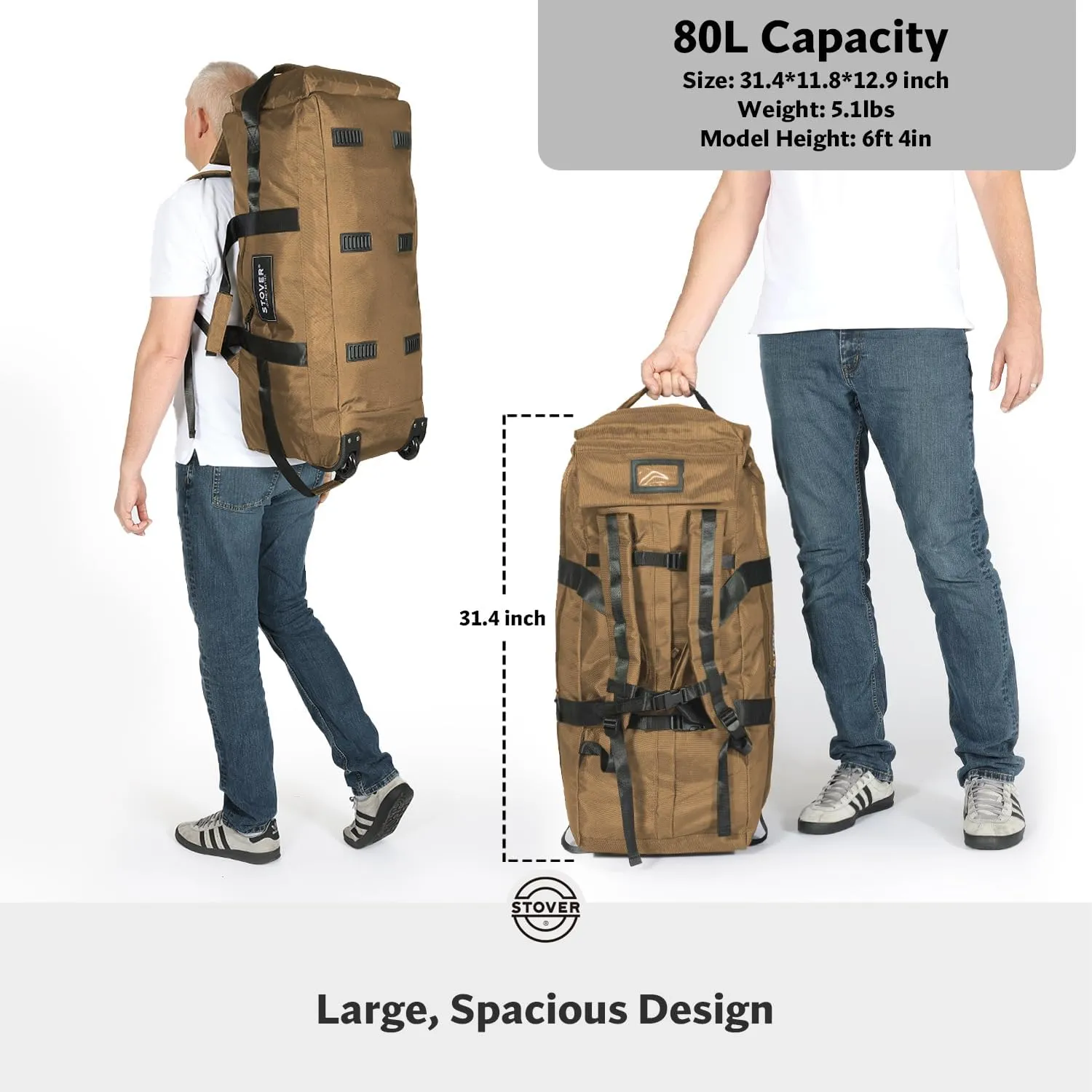 STOVER 80L Rolling Duffel Bag with Wheels, Extra Large 31 Inch Durable Travel Duffle Bag- Rugged, Collapsible, Rollable Design w/Shoulder Straps- Use as Luggage or Backpack for Men/Women (Tan)