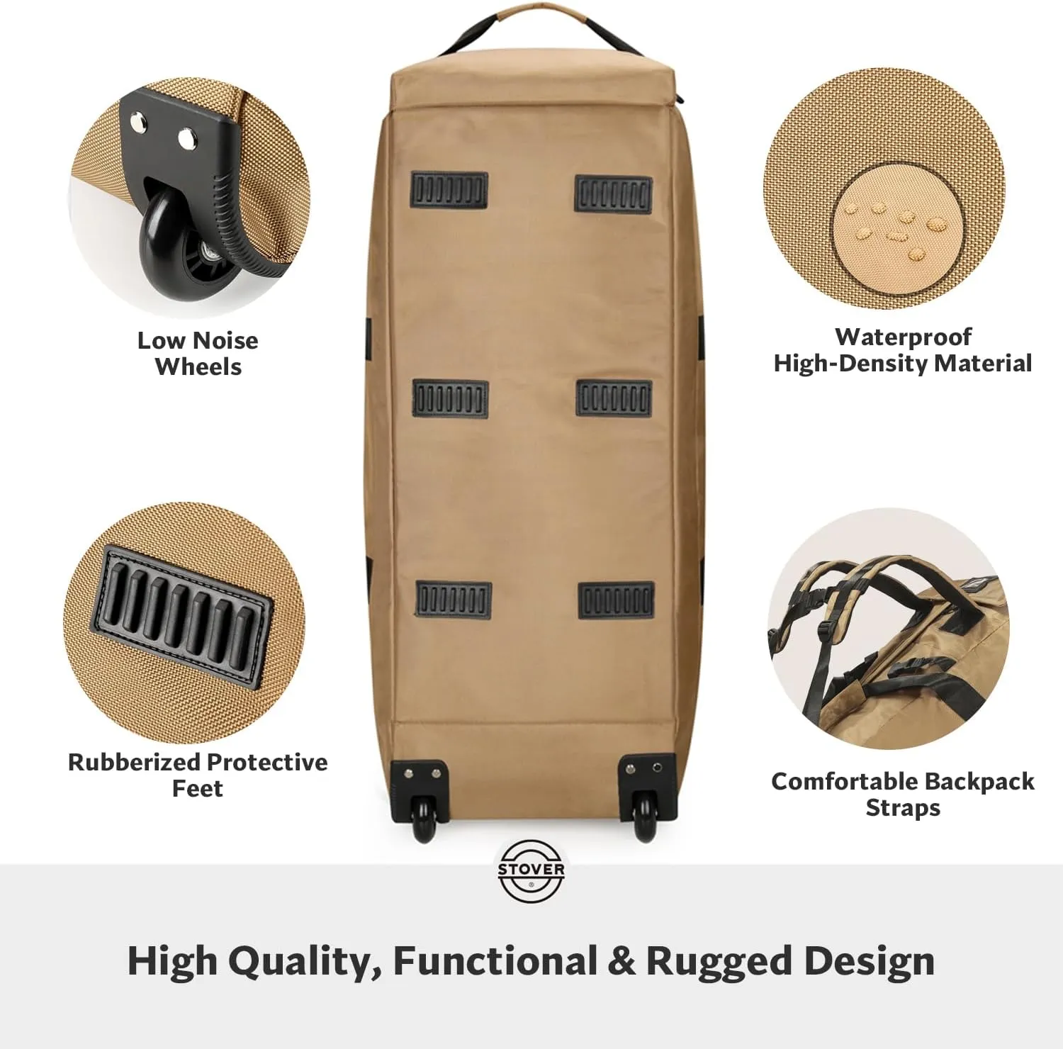 STOVER 80L Rolling Duffel Bag with Wheels, Extra Large 31 Inch Durable Travel Duffle Bag- Rugged, Collapsible, Rollable Design w/Shoulder Straps- Use as Luggage or Backpack for Men/Women (Tan)