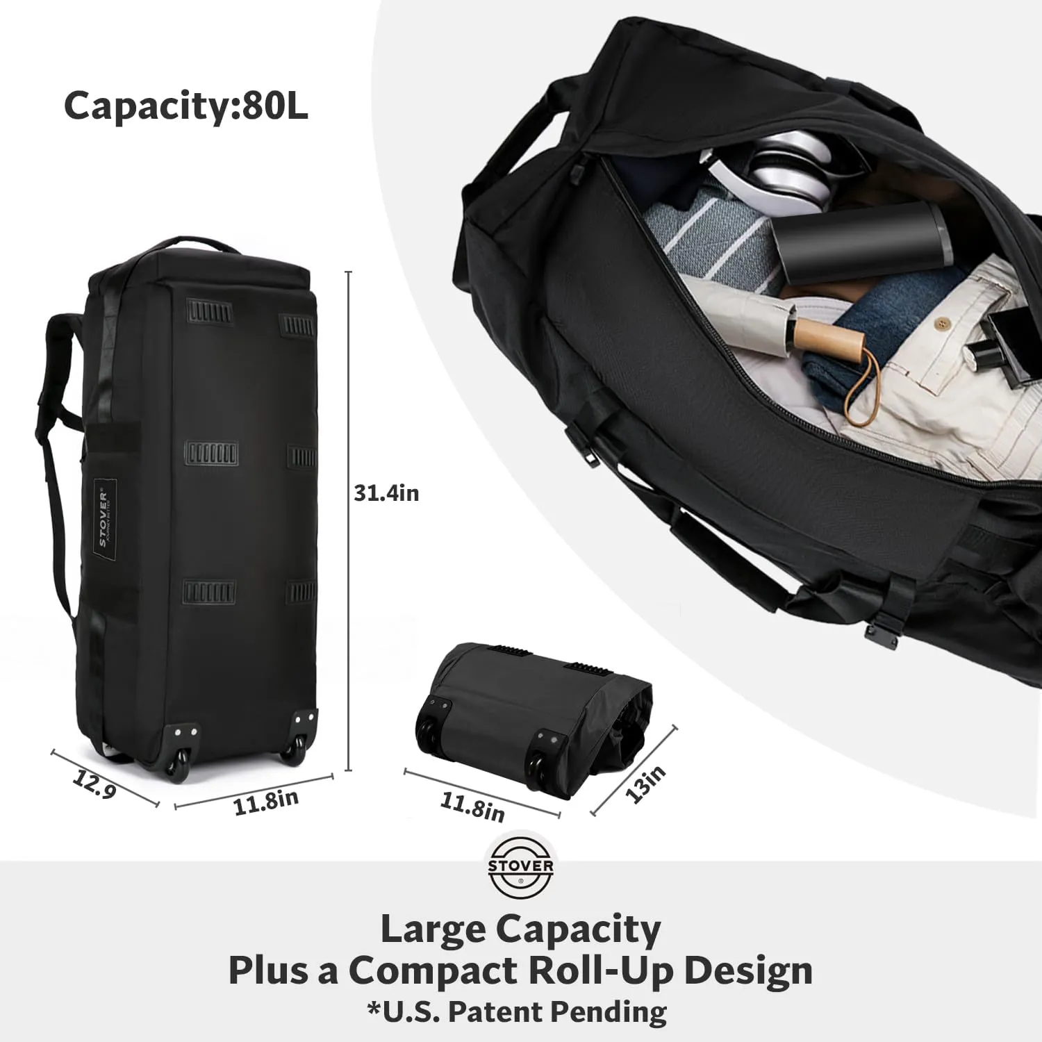 STOVER 80L Rolling Duffel Bag with Wheels, Large 31 Inch Durable Travel Duffle   Toiletry Bag, Heavy Duty, Packable, Foldable w/Shoulder Straps- Use as Luggage or Backpack, Men/Women (Black)