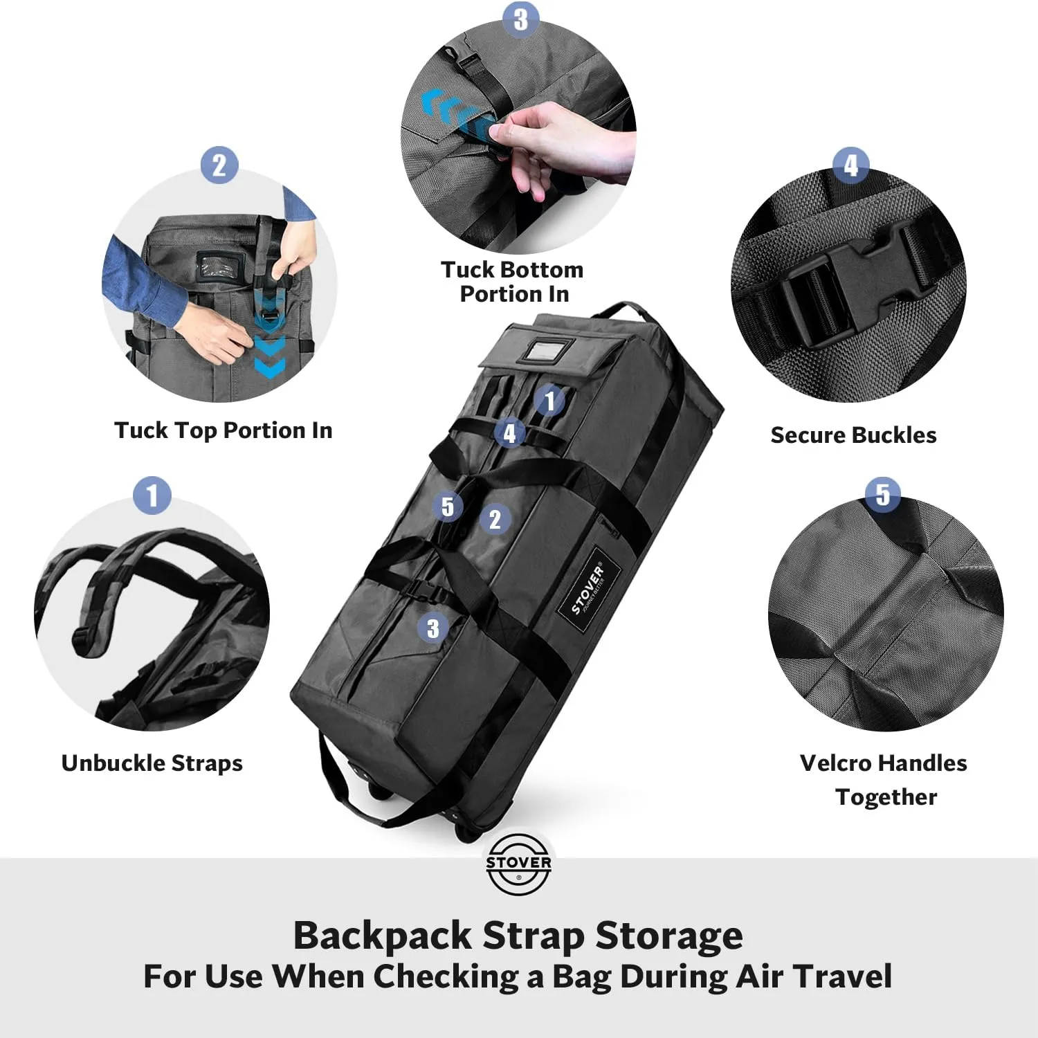 STOVER 80L Rolling Duffel Bag with Wheels, Large 31 Inch Durable Travel Duffle   Toiletry Bag, Heavy Duty, Packable, Foldable w/Shoulder Straps- Use as Luggage or Backpack, Men/Women (Black)