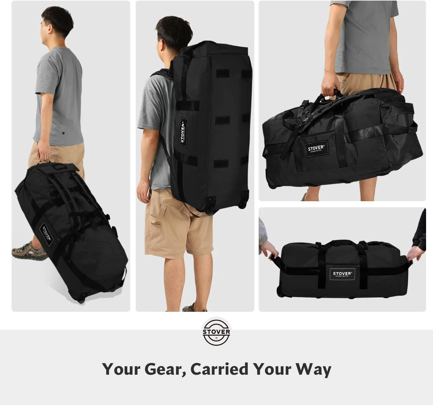 STOVER 80L Rolling Duffel Bag with Wheels, Large 31 Inch Durable Travel Duffle   Toiletry Bag, Heavy Duty, Packable, Foldable w/Shoulder Straps- Use as Luggage or Backpack, Men/Women (Black)